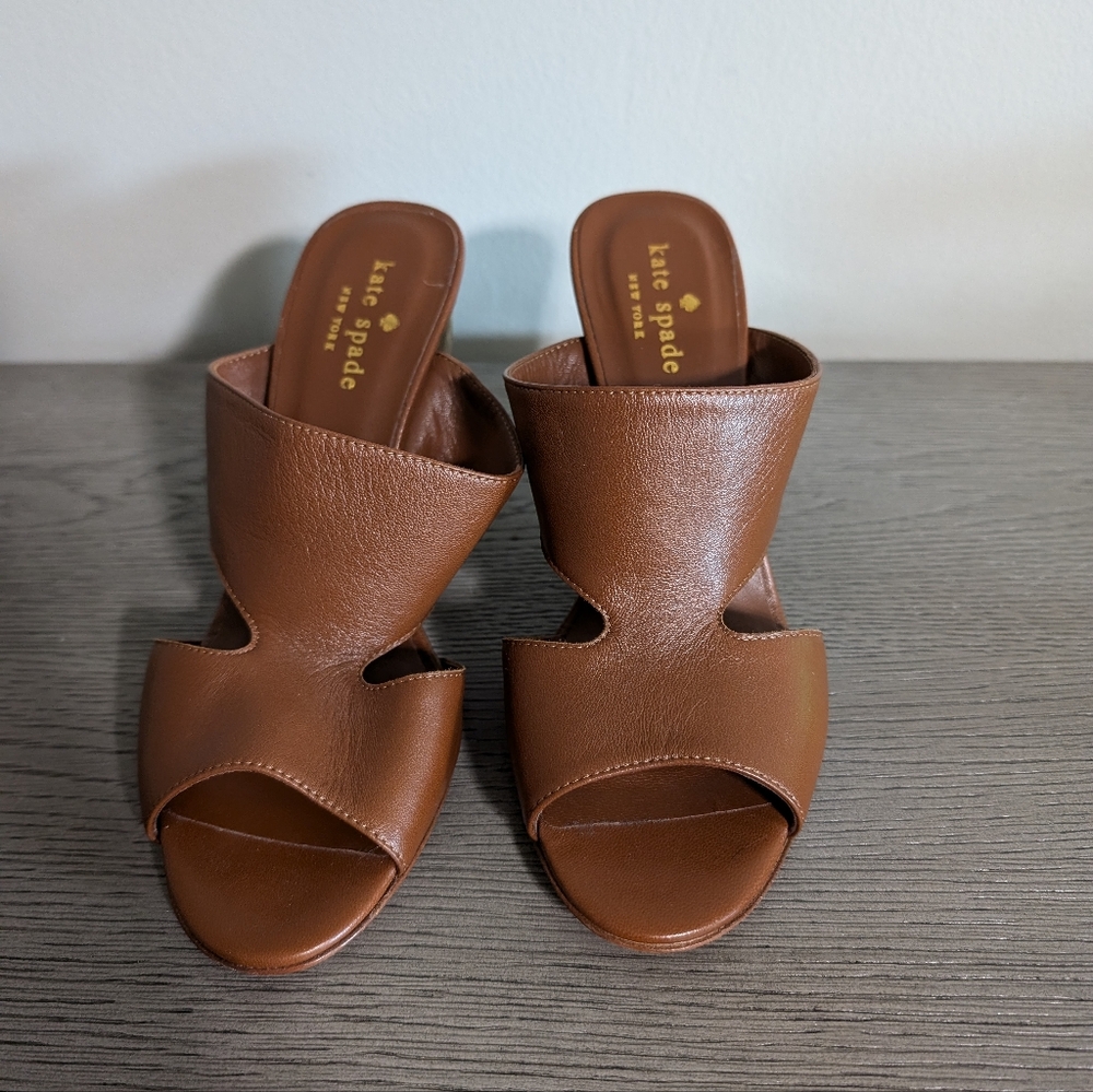 Kate Spade Iberia Sandals Tanned Gold Block Heel Leather Open Toe Size 6